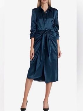 Cinq A Sept Jacey Silk Knotted Shirt Dress In Blue Sz 6 Cocktail Party ASOTV